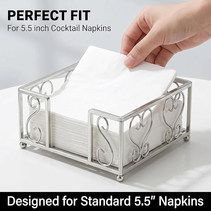 Cocktail Napkin Holder – Flat Napkin Caddy for 5x5 Paper Napkins, Weighted Beverage Napkin Holder for Table or Countertop, Sturdy Square Servilletero for Parties and Events, Home, Bar