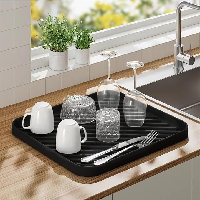 Silicone Organizer Tray for Kitchen Sink and Bathroom, Dishwasher Tray, Versatile Bathroom and Drawer Organizer Trays, Non-Slip Countertop(Black)