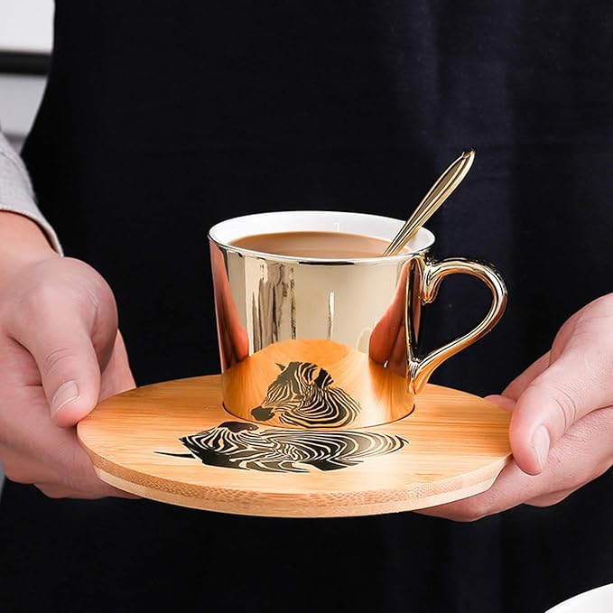 ABHOME Large Mirror Cup and Saucer Set 8.5 oz Panda Gift Ceramic Animal Espresso Cups with Saucers and Spoon 8 Ounce, Tea Coffee Cup with Spoon and Wood Saucer, Set of 2, Golden