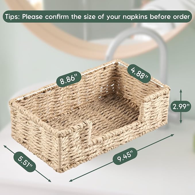 Napkin Holder for Bathroom, Woven Wicker Paper Rope Guest Towel Holder Tray, Disposable Paper Hand Towel Holder for Bathroom Accessories, Dinner Napkin Holder for Kitchen Table Party