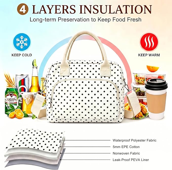 Insulated Lunch Bag for Women, Cute Polka Dot Large Capacity Leakproof Portable Thermal Lunch Box with Adjustable Shoulder Strap, Reusable Cooler Lunchbox Tote for Work Office Travel Picnic, White