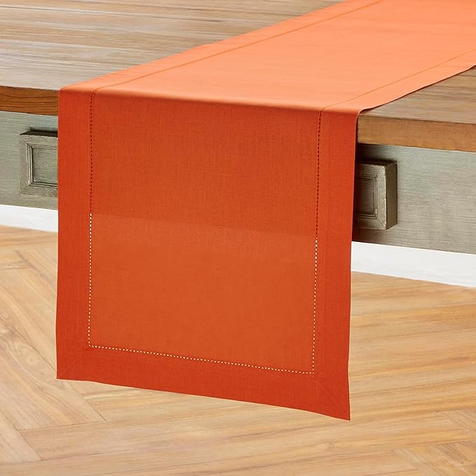 Solino Home Cotton Linen Burnt Orange Table Runner 72 Inches Long - Hemstitch Table Runner 14 x 72 Inch for Dresser, Dining