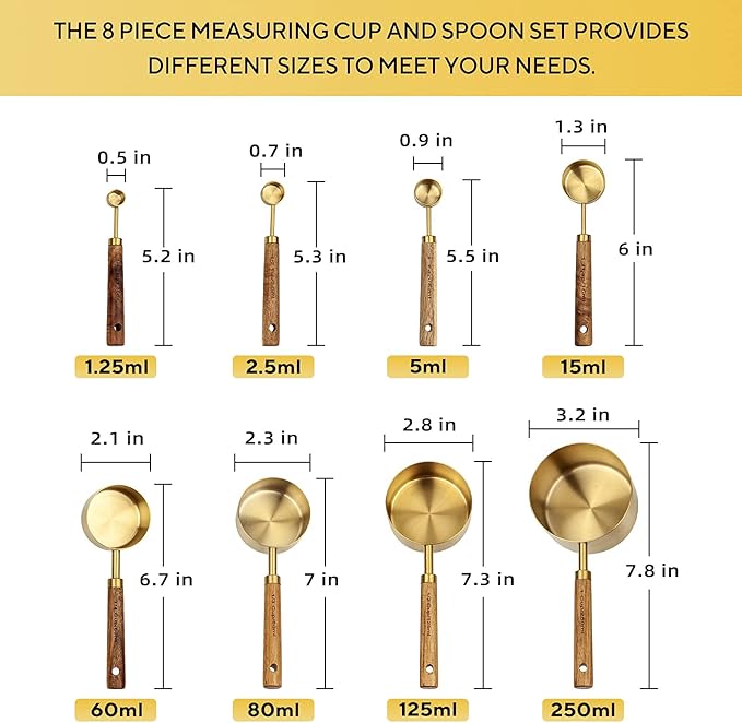 Measuring Cups and Spoons Set of 8, Golden Stainless Steel Measuring Cup with Wooden Handle, Kitchen/Food/Liquid/Baking (gold)