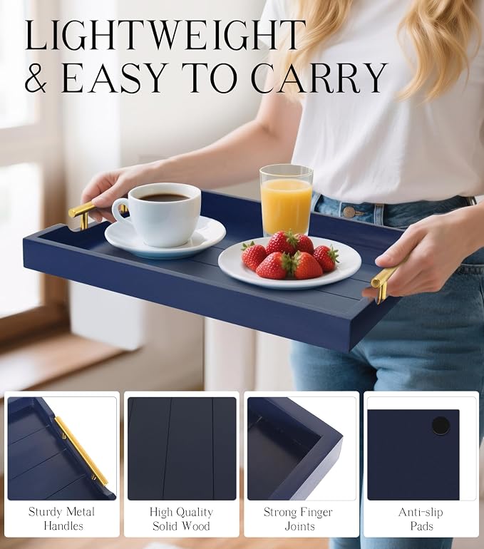 SXNOWS Coffee Table Tray - Large Ottoman Tray for Living Room - Wood Serving Tray with 2 Sets of Handles - Wooden Trays for Coffee Tables, 4 Round Coasters Included, Deep Blue