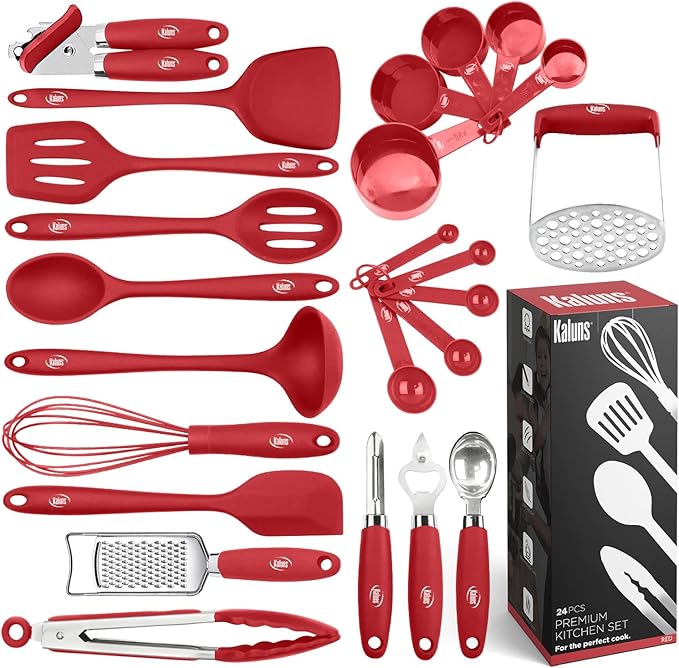 Kaluns Silicone Kitchen Utensils Set 24 Pcs Cooking Utensils Set - Can Opener, Masher, Turner, Spatula 446°F Heat Resistant Non-Stick - Premium Silicone and Stainless Steel Utensil Set