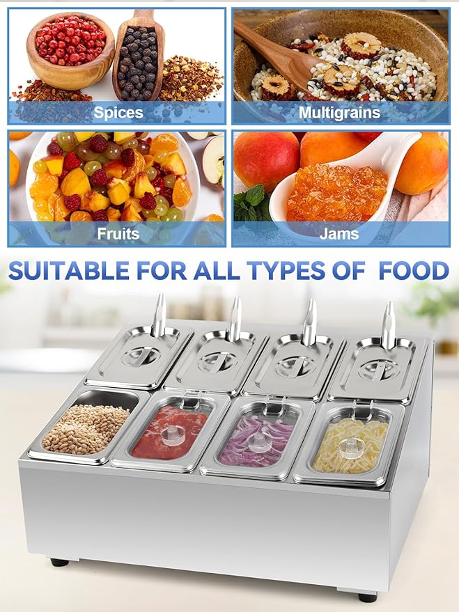 8 Pans Spice Rack Shelf 2 Row Stainless Steel Spice Organizer Stand with Lids Spoons Countertop Inclined Holder Buffet Containers Set for Sauce Jam Fruits Ingredient Kitchen Restaurant Pantry