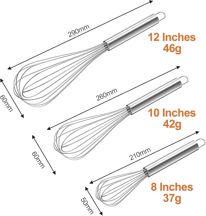 3 Pack Metal Whisk Set 8'' 10'' 12'', Manual Mini Whisk for - Egg, Balloon, Cooking, Blending, Beating, Stirring