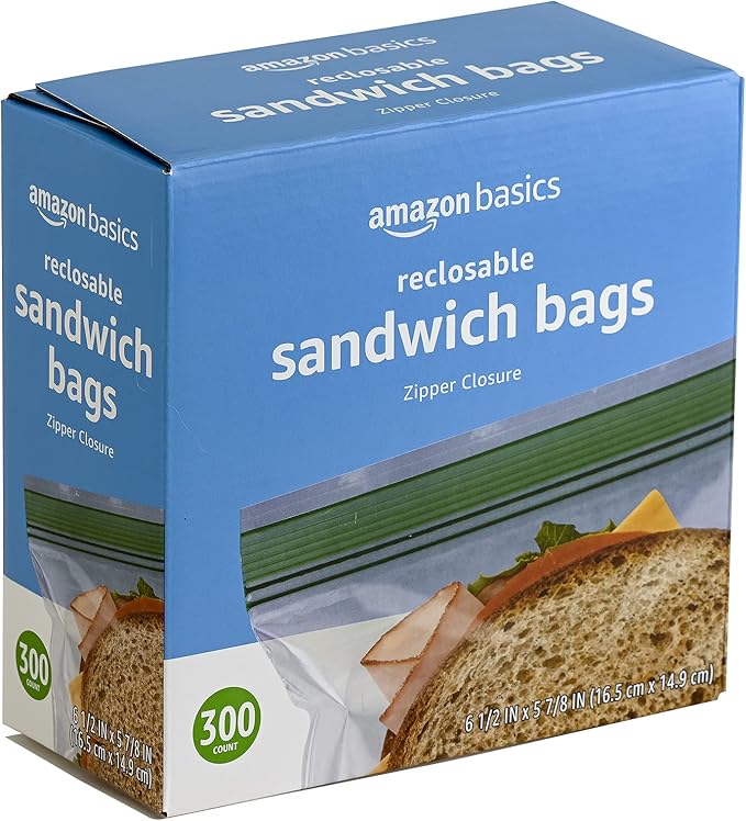 Amazon Basics Resealable Double Zipper Sandwich Storage Bags for Food Storage, (Previously Solimo), 300 Count (Pack of 2)