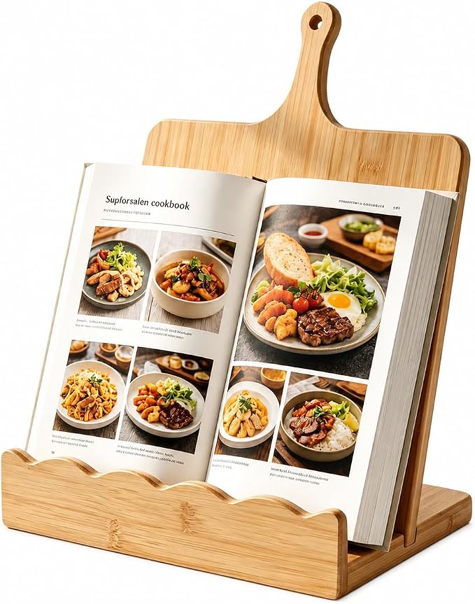 Bamboo Cookbook Stand for Kitchen Counter 15.7"x11.8" with Handle, 2-Piece Scalloped Recipe Book Holder with Removable Charcuterie Board, Rustic Kitchen Decor, Gift-Ready Wood Recipe Card Display