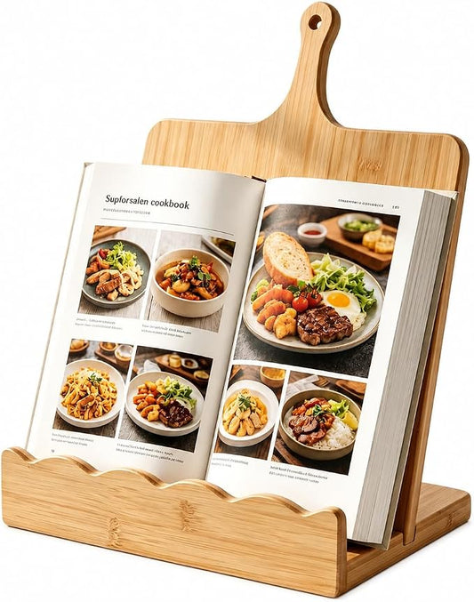 Bamboo Cookbook Stand for Kitchen Counter 15.7"x11.8" with Handle, 2-Piece Scalloped Recipe Book Holder with Removable Charcuterie Board, Rustic Kitchen Decor, Gift-Ready Wood Recipe Card Display