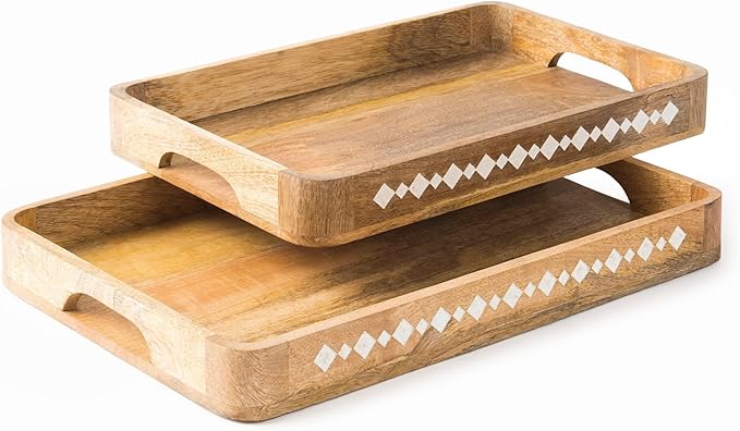 Mela Artisans Wooden Serving Tray Set of 2 with Handles | Mango Wood Decorative Trays | 15x10x1.75 & 13x9x1.75 | Ottoman Tray | Snacks | Desserts | Bread | Coffee Table | Bedroom | Rounded Edge