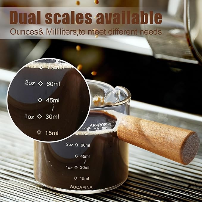 2 Pack Espresso Cups with Wood Handle, 75ML Double Spout Glass Measuring Cup with Dual Scale, Espresso Shot with V-Shaped Mouth, Clear Glass Espresso Accessories, Milk Frothing Pitcher