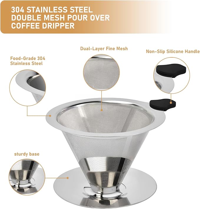 Pour Over Coffee Dripper, Reusable Cone Stainless Steel Coffee Filter, Double Layer Fine Mesh Paperless Coffee Maker with Coffee Spoon and Cleaning Brush for 3–4 Cups