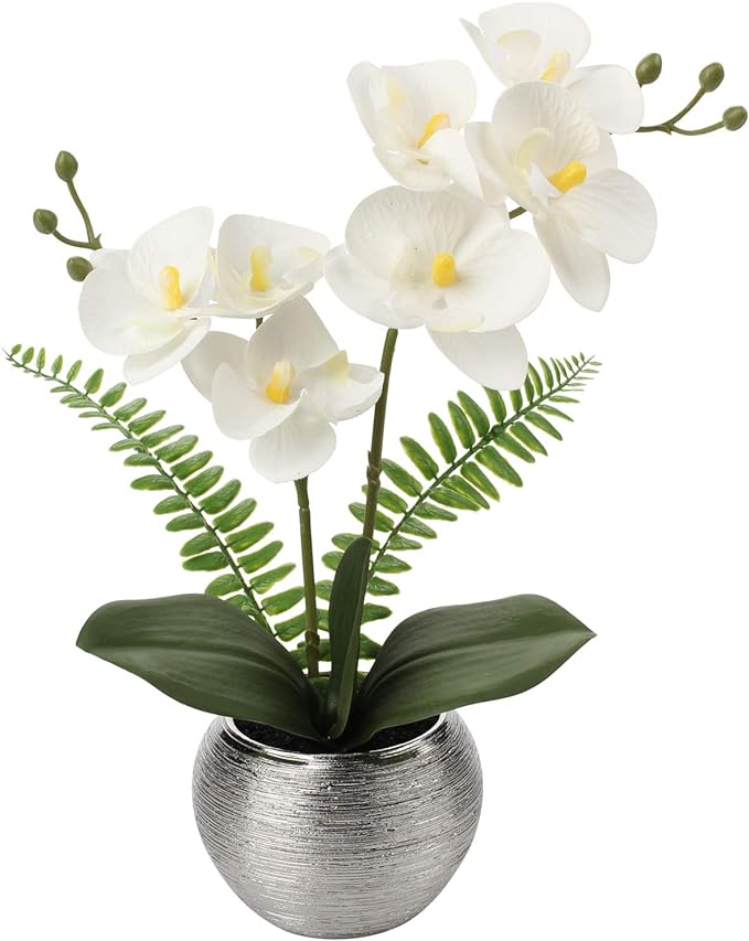 Briful Fake Orchid Flowers 13'' White Orchids Artificial Flowers with Silver Ceramic Vase Faux Orchid for Home Office Decor Indoor