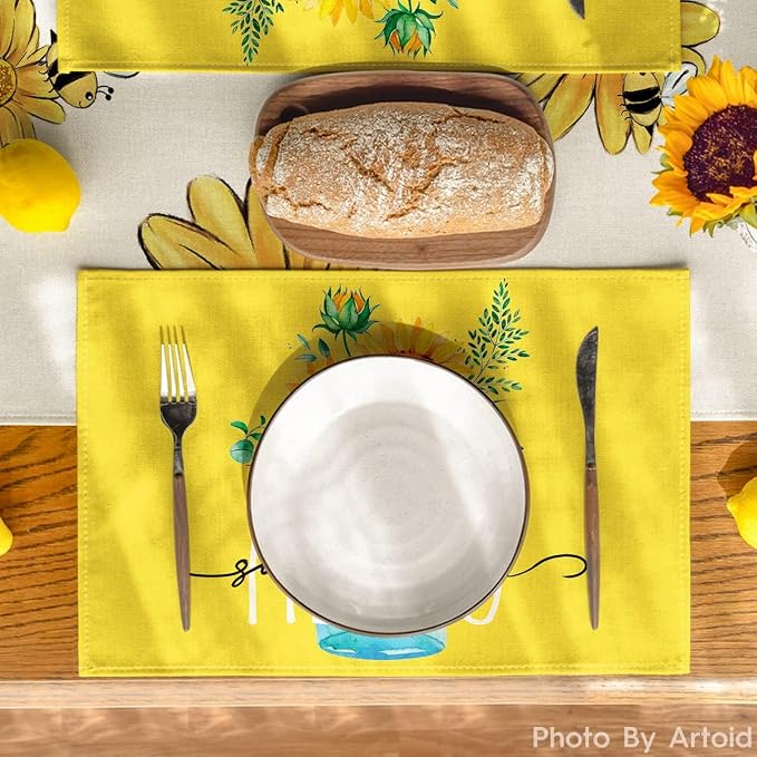 Bloss Yellow Hello Sunshine Sunflower Summer Placemats Set of 6, 12 x 18 Inch Spring Seasonal Holiday Decoration Rustic Vintage Washable Table Mats, Placemats for Dining Table