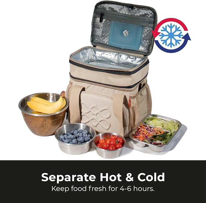 Dual Compartment Lunch Bag, 12L Insulated Leakproof Lunch Box, 13 Can Capacity (Oatmeal Beige)