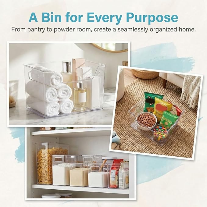 Crystal Clear Freezer Storage Bins - Stackable Plastic Organizer Bins with Handles for Fridge, Pantry Organizers and Storage, Acrylic Bins for Kitchen Cabinet (L*4Pcs)