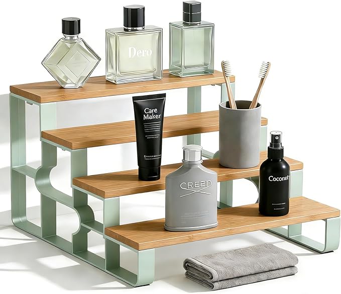 Perfume Organizer for Women,4 Tier Cologne stand for Skincare, Vanity Organizer for Makeup,Bathroom Counter Organizers and Storage,Bamboo Display Shelf (Width=11.2")