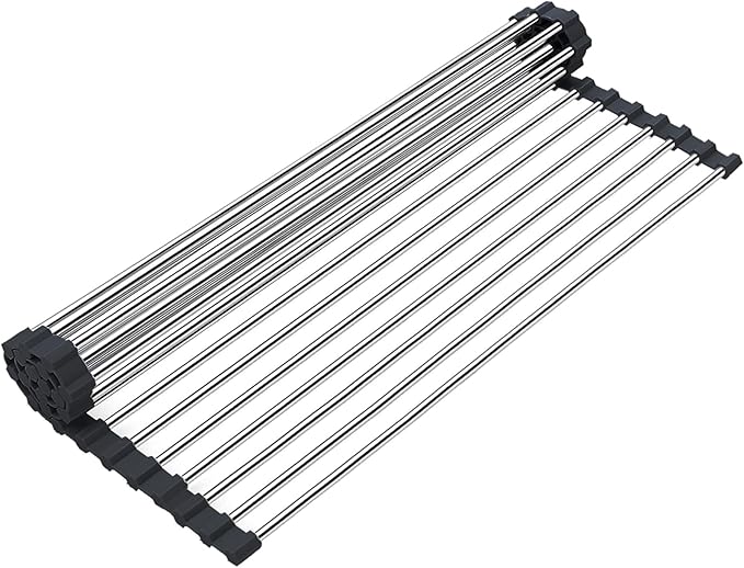 Searik Dish Drying Rack Roll Up Sink Drying Rack, Over The Sink Dish Rack Multi-Use Stainless Steel Dish Drainers Heat Resistant Mat for Drying Draining Trivet (17.7"x13.8")