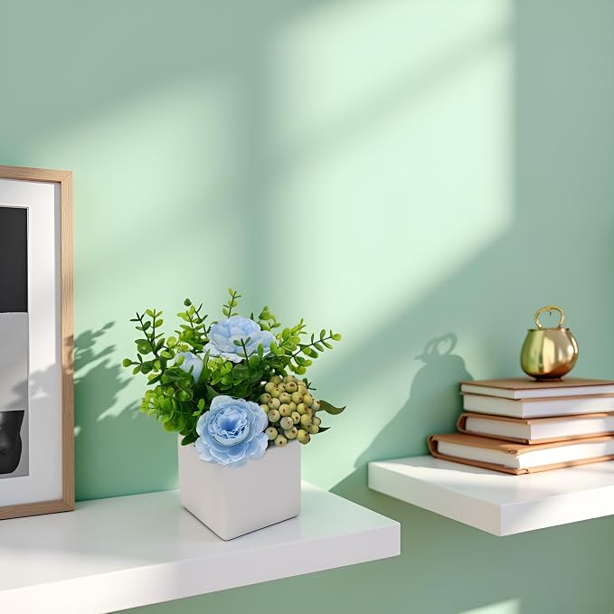 LADADA Artificial Blue Rose Potted Flowers with White Square Vase | Faux Eucalyptus Leaves Frosted Berry Floral Arrangement,Small Fake Silk Flower Centerpiece for Office Shelf Home Indoor Decor