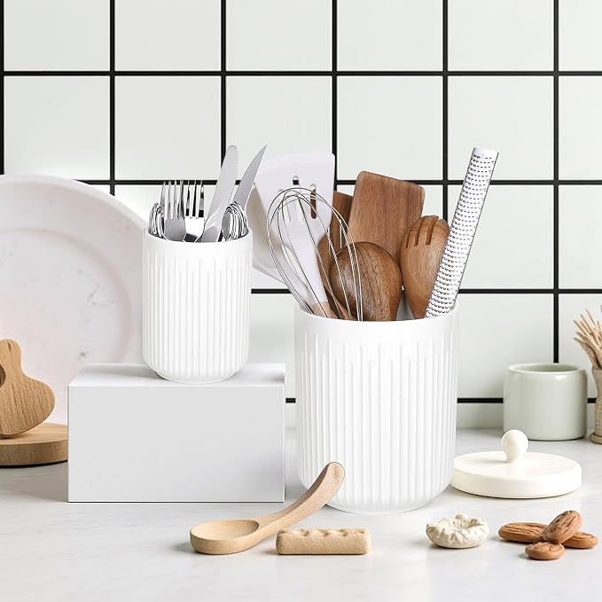 Utensil Holder, 7.3"+5.4" Ceramic Kitchen Utensil Holder for Countertop, Large Cooking Utensil Crocks for Kitchen Counter, Organizer Decor, Spatula Cutlery Holder, Set of 2, White