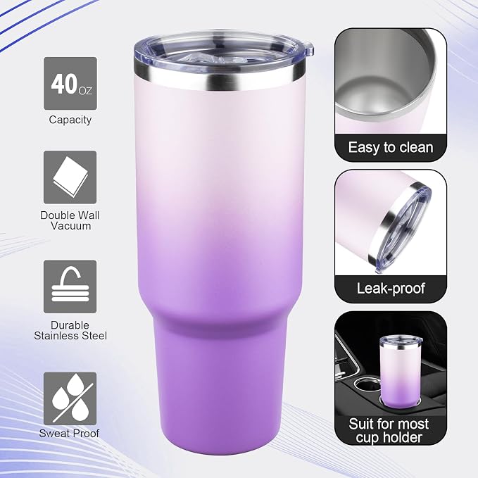 40 oz Tumbler with Lids and Straws Double Wall Vacuum Insulated Tumbler Cup,Stainless Steel Leak-proof Thermal Tumbler Powder Coated Travel Coffee Mug for Cold and Hot Drinks,Gardient Purple