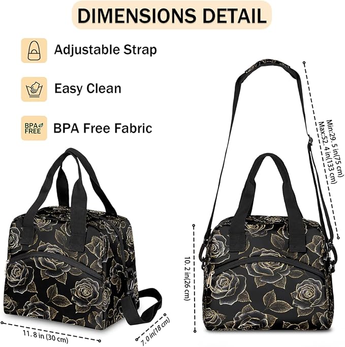 Pardick Black Golden Roses Insulated Lunch Bag for Women Leakproof Lunch Box Large Cooler Thermal Tote Bag with Shoulder Strap Meal Prep Bags for Work School Office Picnic Teen Girls Adult