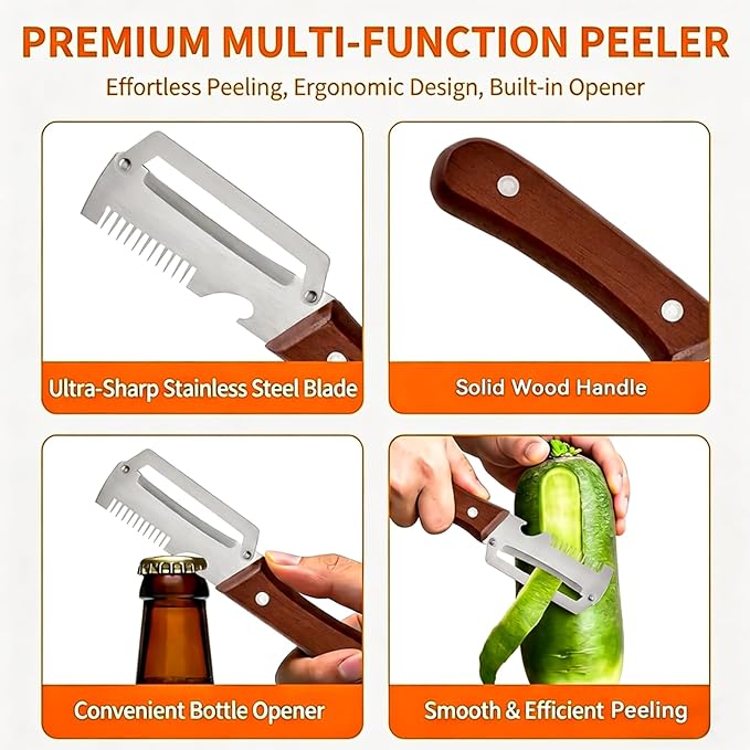 Multi-Functional Vegetable Peeler for Kitchen with Wooden Handle and Bottle Opener, 3 in 1 Stainless Steel Green Onion Slicer Kitchen Tool for Fruit Potato Pumpkin Apple carrot Papaya, Non-Slip Handle