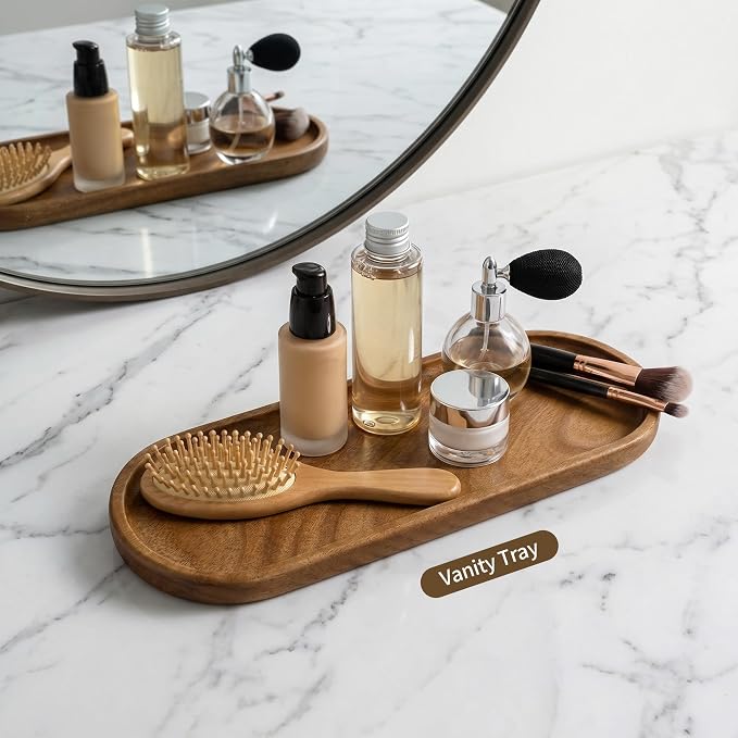 Small Wooden Tray | Acacia Wood Tray for Vanity, Bathroom Counter, Coffee Table & Toilet | Perfect for Jewelry, Remote, Perfumes & Catch All | Mini Charcuterie Board Serving Platter (Oval)