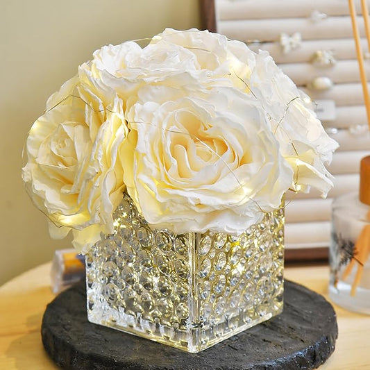 Artificial Rose in Glass Vase Vintage Silk Flower Arrangement with LED Light for Table Centerpiece Home Wedding Decoration (Cream)