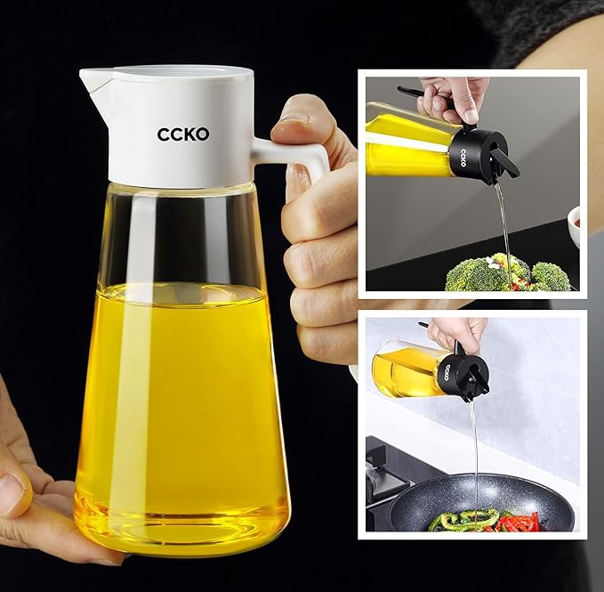 CCKO Glass Olive Oil Dispenser Bottle 19oz Olive Oil Bottle for Kitchen, Auto Flip Drip Free Cooking Oil Dispenser for Soy Sauce, Syrup, Vinegar, Salad Dressing Container (White)