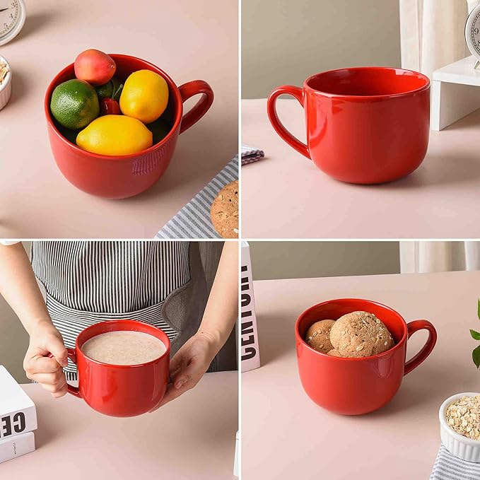 50oz large Ceramic Soup Mug with Handles for Coffee, Tea, Ice Cream, Cereal (Red)
