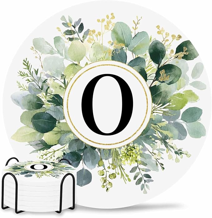 Coasters Set of 6 Letter O Drink Coasters with Holder Absorbent Stone Ceramic Cup Mat Alphabet Green Eucalyptus Leaves Coaster for Drinks Coffee Bar Office Kitchen Cafe Home Decor