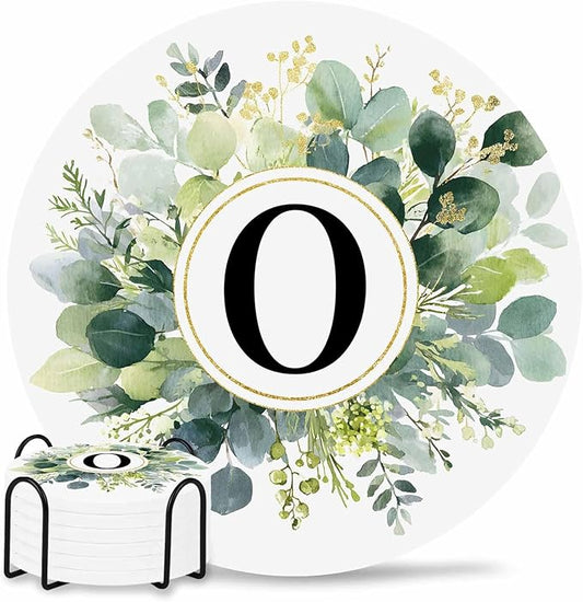 Coasters Set of 6 Letter O Drink Coasters with Holder Absorbent Stone Ceramic Cup Mat Alphabet Green Eucalyptus Leaves Coaster for Drinks Coffee Bar Office Kitchen Cafe Home Decor