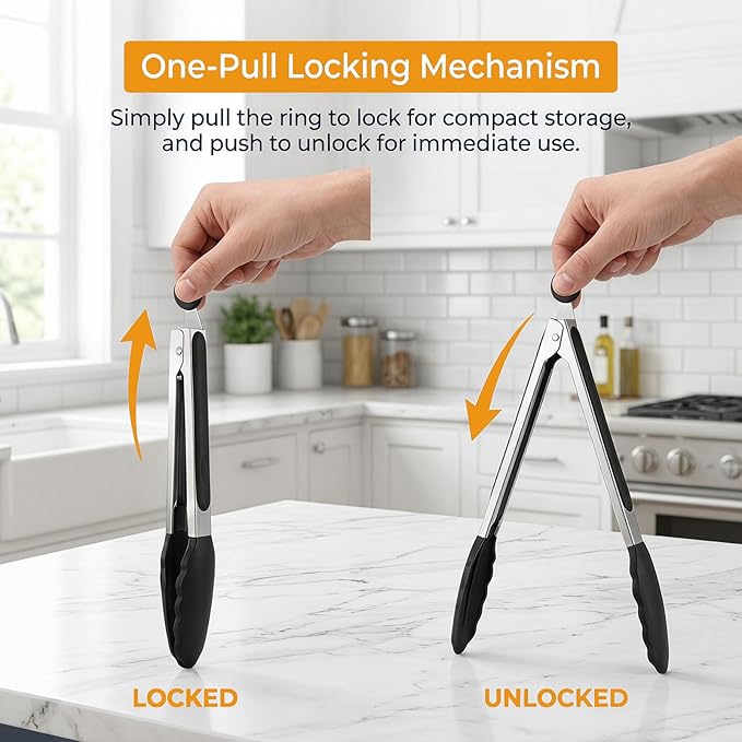 Kitchen Tongs for Cooking, Set of 4 with Oil Brush (7" 9" 12"), Heat Resistant 572°F Stainless Steel, Heavy Duty Metal Locking Tongs with Silicone Tips, Black, BBQ Grilling Dishwasher Safe