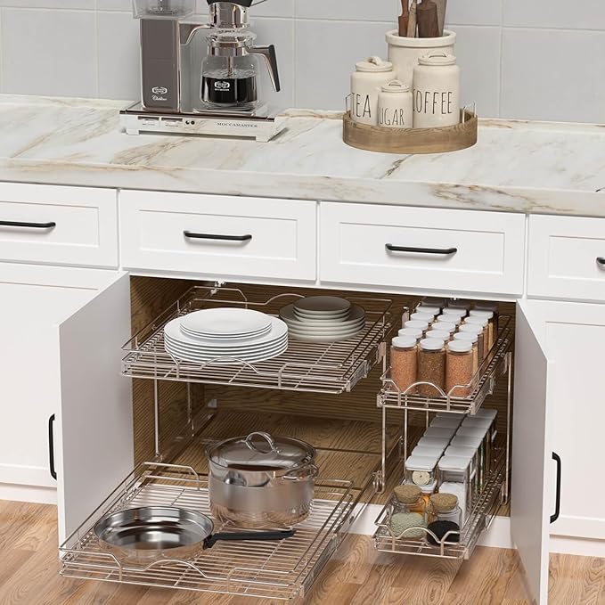 OCG 2 Tier Pull Out Cabinet Organizer (18.5" W x 21" D), Pull Out Drawers for Kitchen Cabinets, Pull Out Shelves for Base Cabinet Organization in Kitchen Bathroom Pantry, Chrome Finish