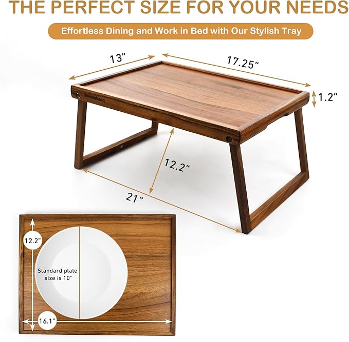 PANDAWOOD Acacia Wood Bed Tray Table - Large Folding Breakfast in Bed Tray with Legs - Laptop Lap Desk for Eating on Couch - TV Dinner Tray with Handles (Wood)