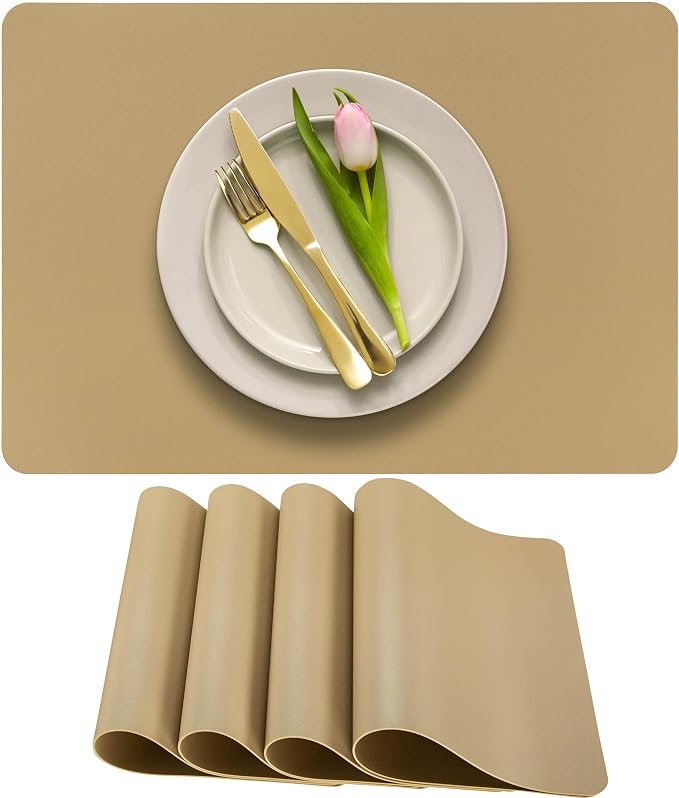 More Décor Faux Leather Placemats Set of 4 for Dining Table – Waterproof, Wipeable, Washable, Stain & Heat Resistant, Non-Slip Table Mats – 12 X 17 Inch, (Solid Beige 4)