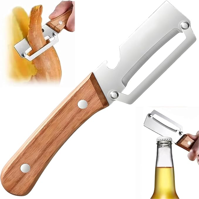 NEW Premium Vegetable Peeler with Wooden Handle and Bottle Opener: 2-in-1 Stainless Steel Kitchen Tool for Fruit Apple Potato Pumpkin Papaya (1Pcs)