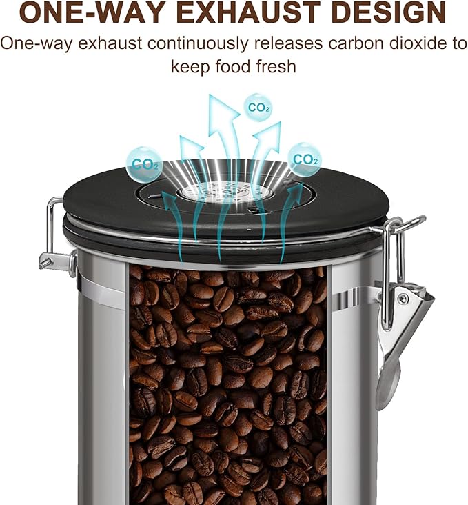 1.2L Airtight Vacuum Coffee Canister, Stainless Steel Storage Container for Coffee Beans and Grounds with Scoop.Suitable for coffee powder, coffee beans, rice, tea leaves, sugar, flour, and grains