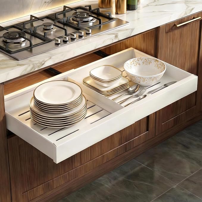 Expandable Pull Out Drawer for Cabinets, 21" Deep, Adjustable 12–20" Width – Magnetic Dividers, Optional Riser, Heavy-Duty 3-Rail Glide, No-Drill Roll-Out Shelf Organizer for Kitchen, White