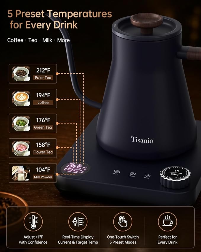 Gooseneck Electric Kettle for Pour Over Coffee, ±1°F Precision Control, Smart Two-Stage Heating, 2-Hour Keep Warm, 0.9L Stainless Steel, Blue Wood Handle
