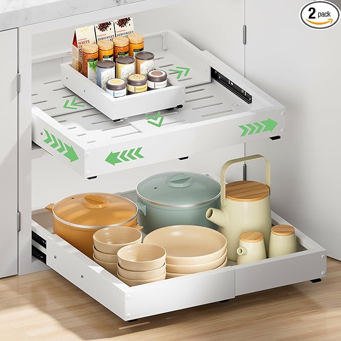 2 Pack Pull out Cabinet Organizer, Width (12"-19") Depth (17"-23"), with 3 Rails Adjustable Slide, Expandable Pullout Drawers for Cabinets, No Drill Adhesive Kitchen Drawers for Pantry Shelves