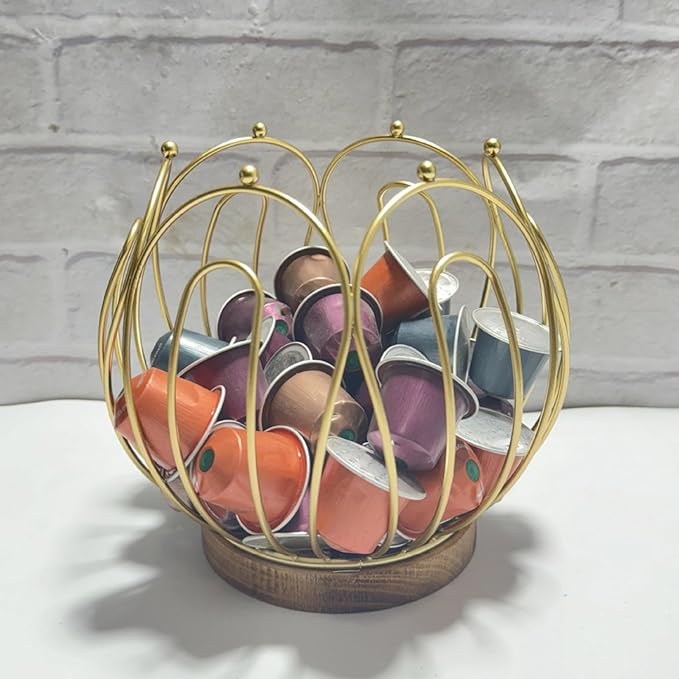 Multifunctional Coffee Pods Storage Basket with Wood Base Decorative Holder for Accessories