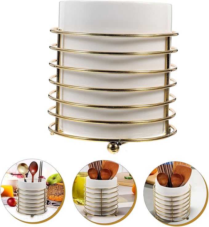 PRETYZOOM Ceramic Cutlery Organizer with Detachable Iron Wire Large Kitchen Spoon Holder for Chopsticks and Utensils Stylish White and Gold Design for Desktop Use