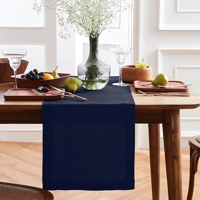 Solino Home Linen Table Runner 96 Inches Long - 100% Pure Linen Indigo Navy Table Runner 14 x 96 Inch for 4th of July - Sonoma