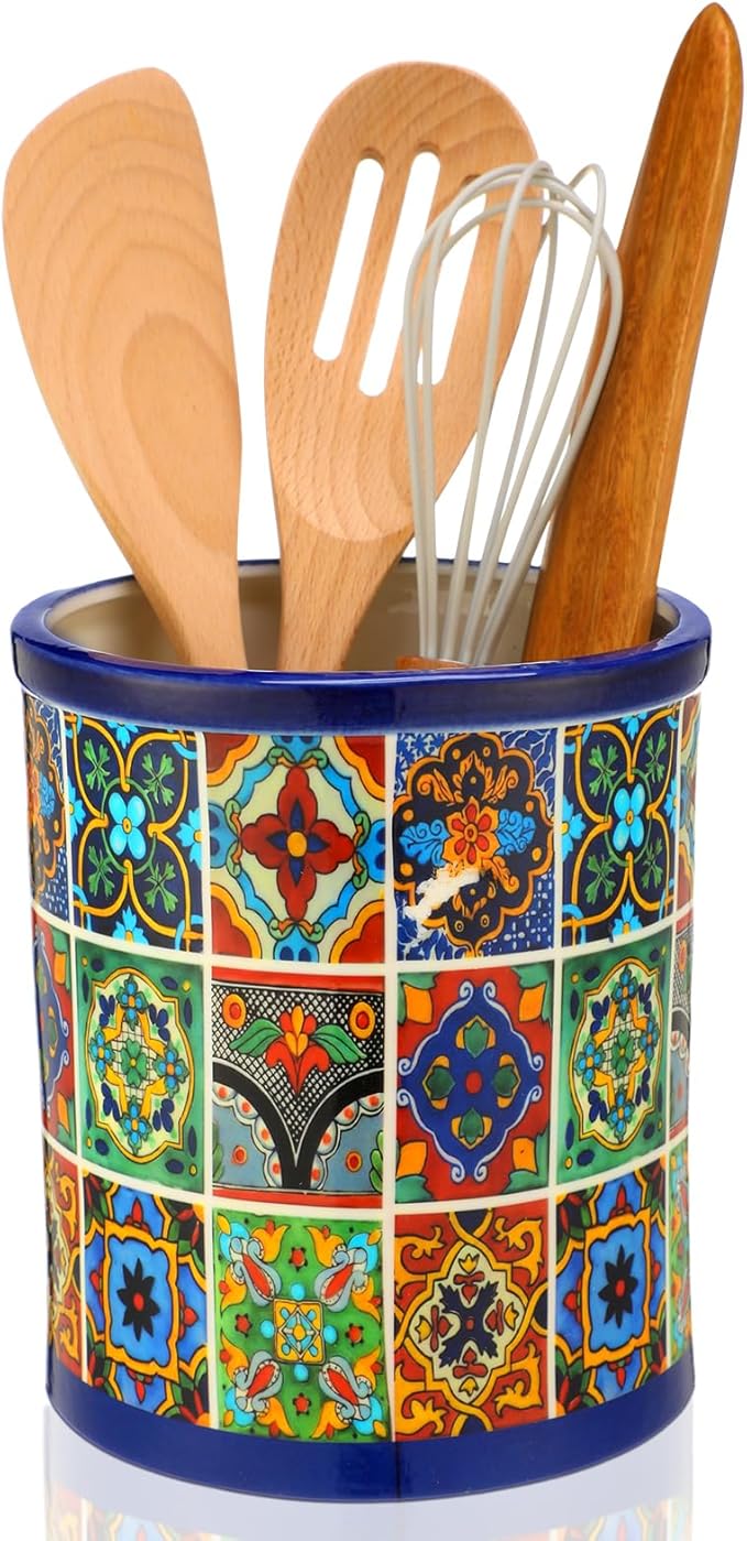 LemonRoad 6.7" H Talavera Utensil Holder for Kitchen Counter,Ceramic Cooking Utensil Crock Modern Farmhouse Countertop Organizer for Spatula Ladle Kitchen Counter Decor