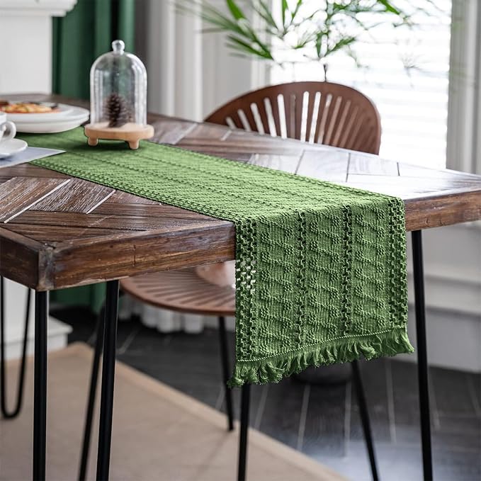 Macrame Table Runner Green Boho Table Runners with Tassels Hand Woven Cotton Table Runner Rustic Farmhouse Table Runners for Bohemian Kitchen Dining Table(12x108in)
