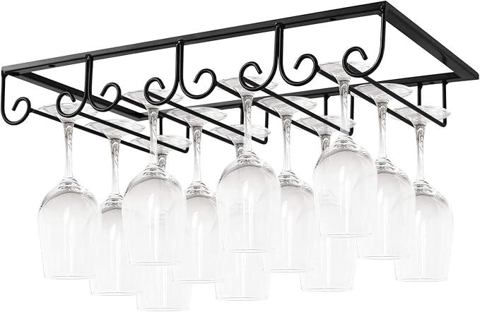 MOCOUM Under Cabinet Stemware Hanger, Glass Holder Storage Hanger for Cabinet Kitchen Bar (Black, 4 Rows 2 Pack)