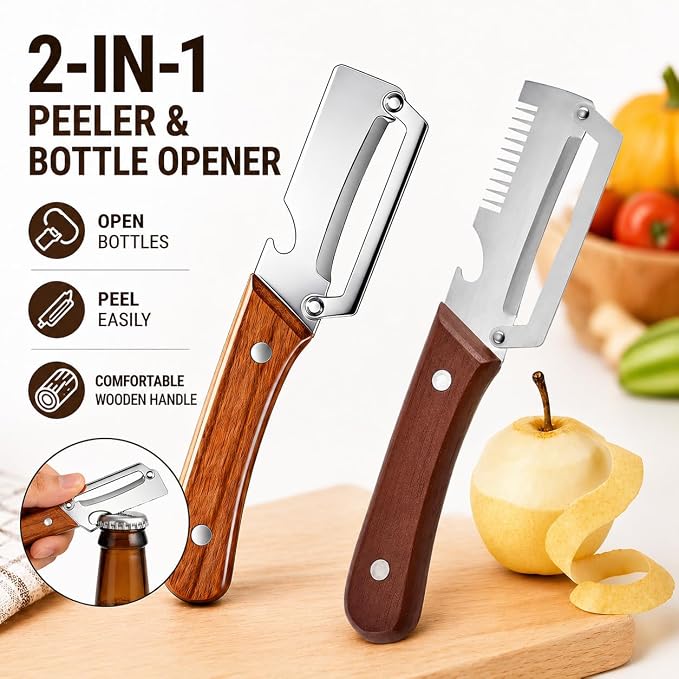 Roselli Wooden-Handled Stainless Steel Shredder And Peeler, Multifunctional Vegetable Peeler, Suitable For Kitchens, Camping, And Travel (2 Peelers)